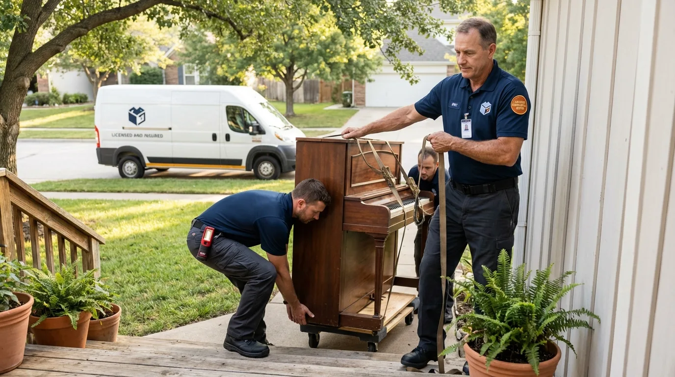 Licensed piano movers securing grand piano in Lexington, GA