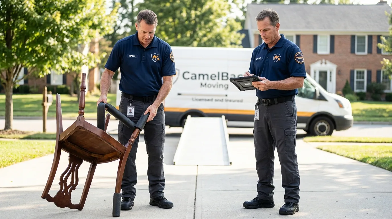Movers inspecting furniture for damage prevention before loading in Lexington, GA