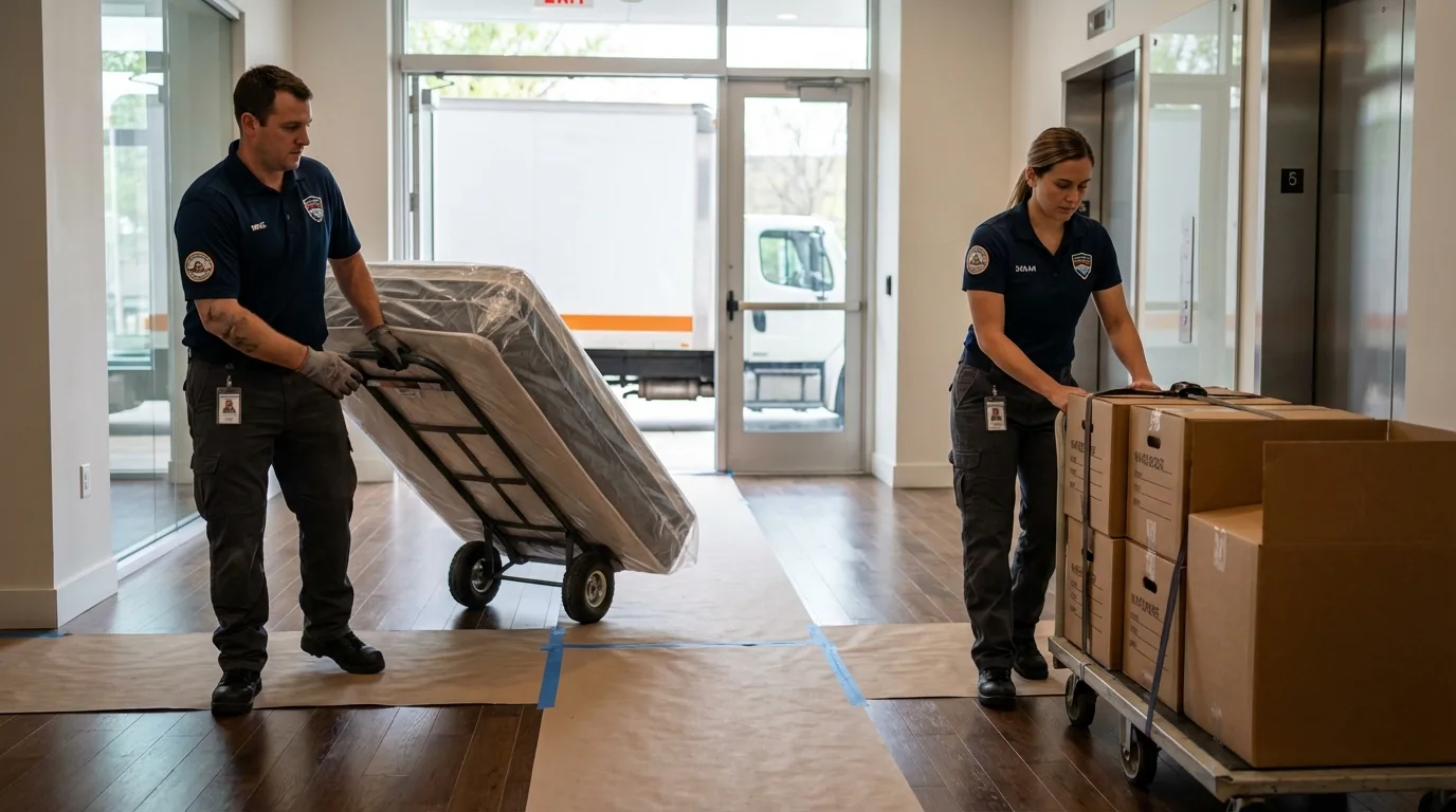 Professional apartment movers loading elevator in Lexington, GA